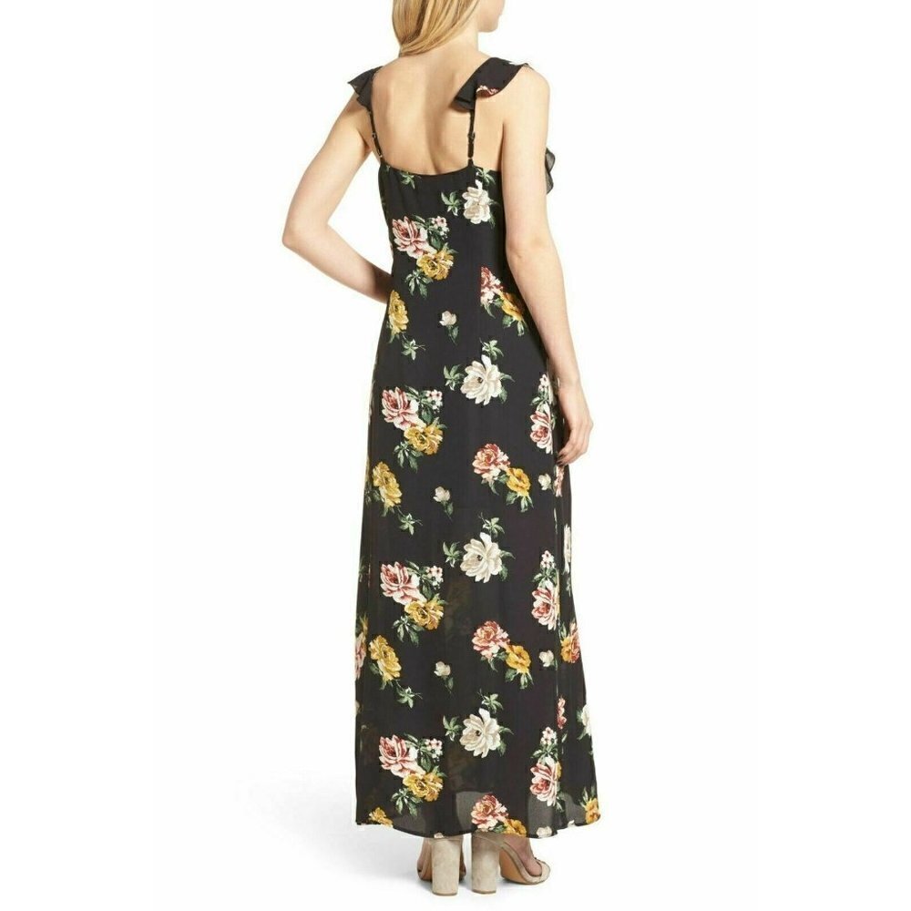 BP. Women Black Floral Ruffle Strappy Maxi Dress L - Picture 2 of 6